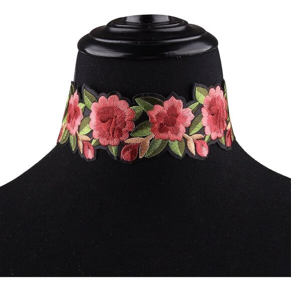 Embroidered Floral Patch Choker Necklace Pink Green Black Adjustable NWOT - Picture 16 of 16